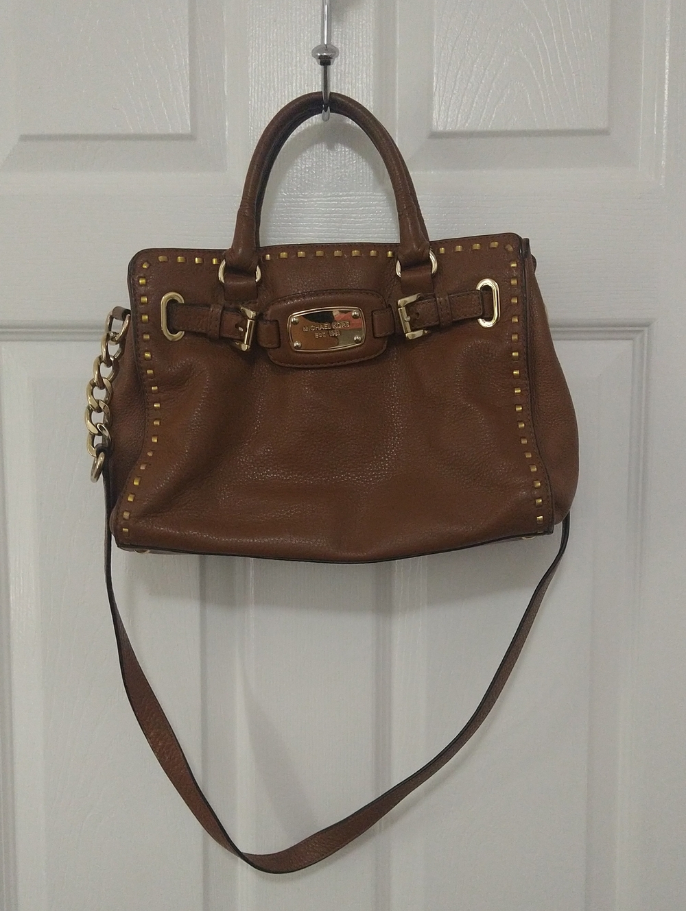 Michael Kors Brown Leather Studded Satchel with Gold Hardware